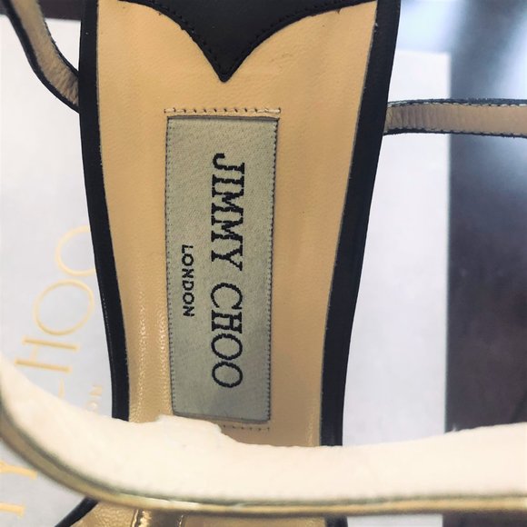 Jimmy Choo Glamorous Black Towering Stilettoes with Gold Straps Size 9.5 - Picture 5 of 8